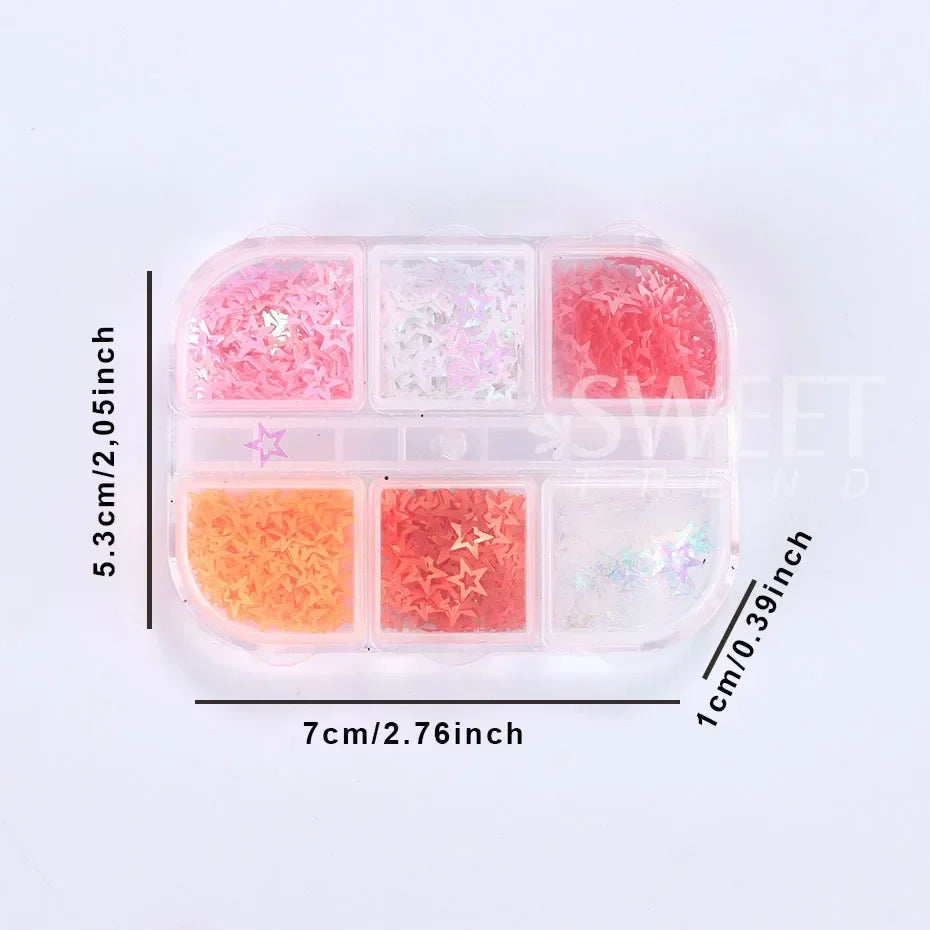 JazzHer 6 Grids Mixed 3D Star Design Nail Glitters Holographic Glitter Sequins DIY Nail Art Decoration Paillette Flakes Slices Manicure