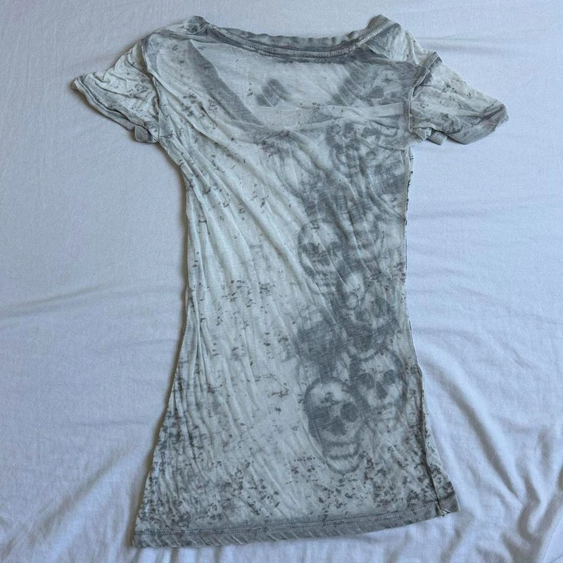 JazzHer E-girl Gothic Grunge Skull Print Tshirt 2000s Retro Emo Short Sleeve Slim Fit Tees Graphic Tie Dye V Neck Crop Tops Y2K Clothes