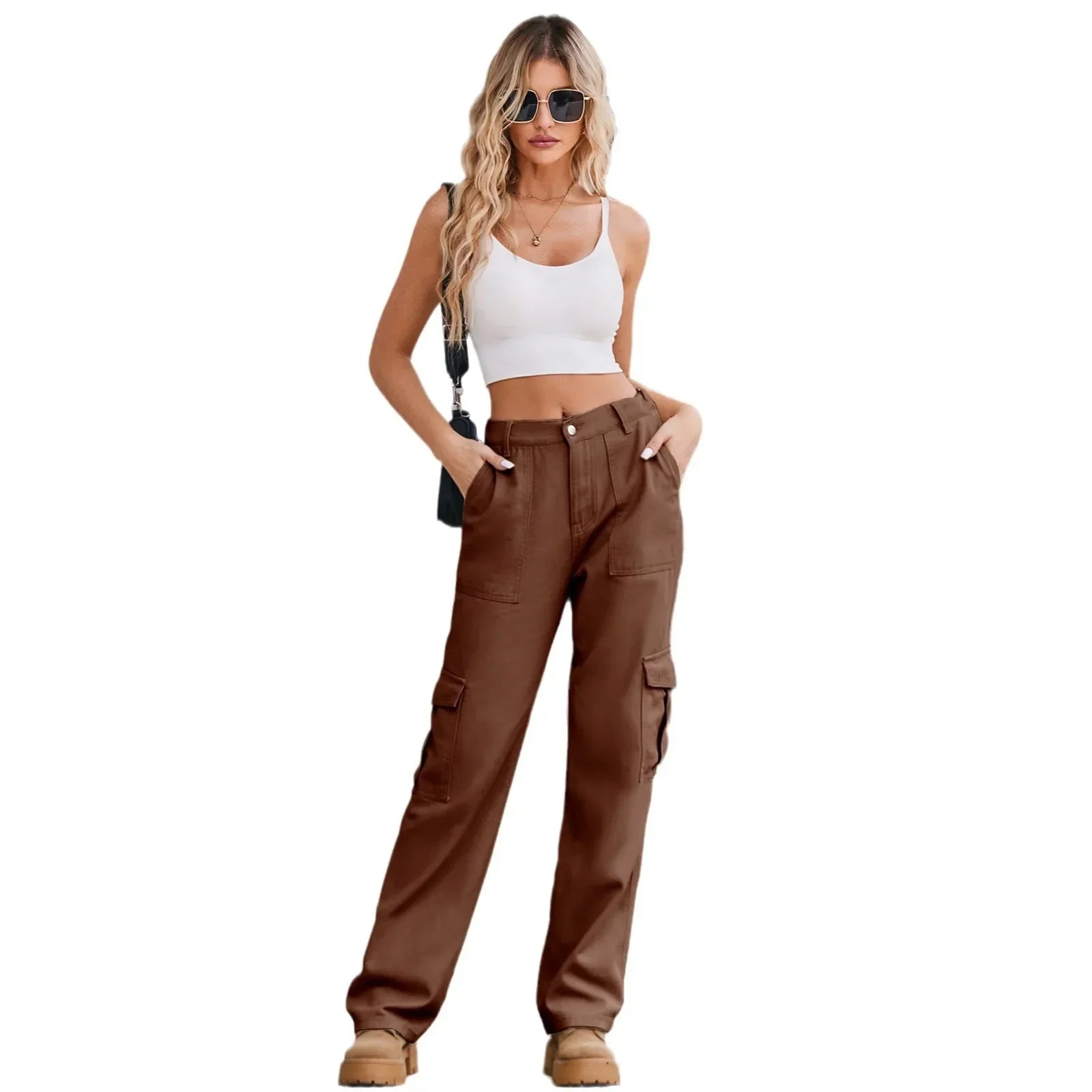 JazzHer Women Jeans Denim Ankle Length Pockets Cargo Pants Loose Fit High Waist Pockets Washing Solid Streetwear Slight Strech 2024