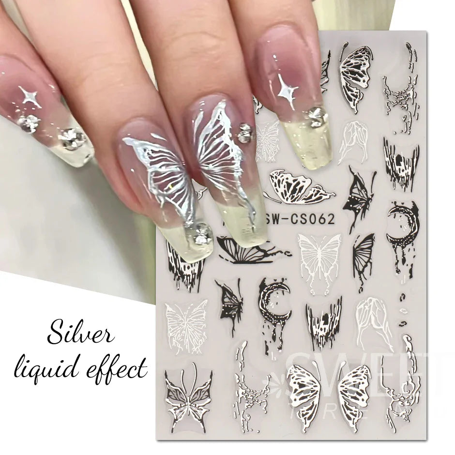 JazzHer Holographic Metal Butterfly Nail Manicure Sticker Silver Mirror Liquid Effect Spring Adhesive Sliders Manicure Decal Foil LYSWCS