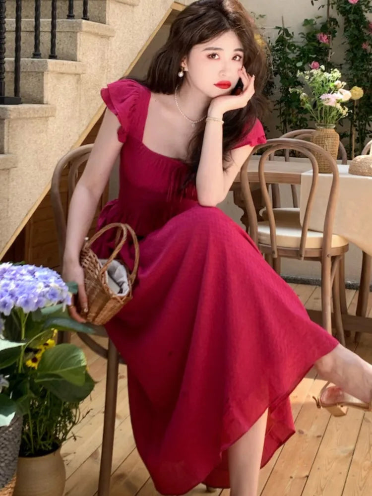 JazzHer Elegant Vintage Midi Dresses for Women Summer New Square Collar High Waist Princess Party Dress Casual A-line Vestido Mujer