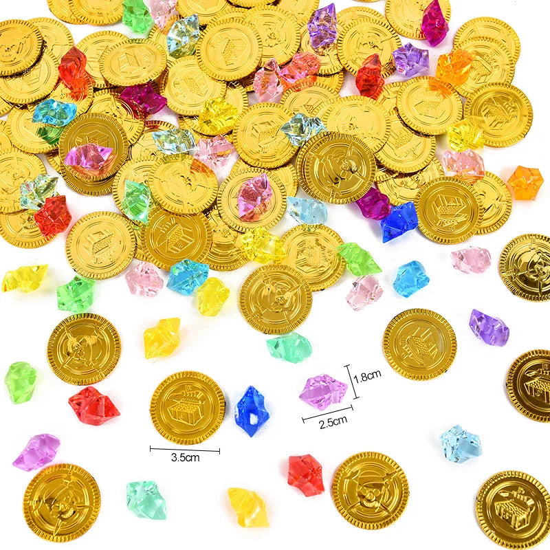 JazzHer 200Pcs/set Pirate Gold Coins Gems Jewelry Treasure Toy Kids Pirate Party Decoration Favors Birthday Gift Cosplay Props Halloween