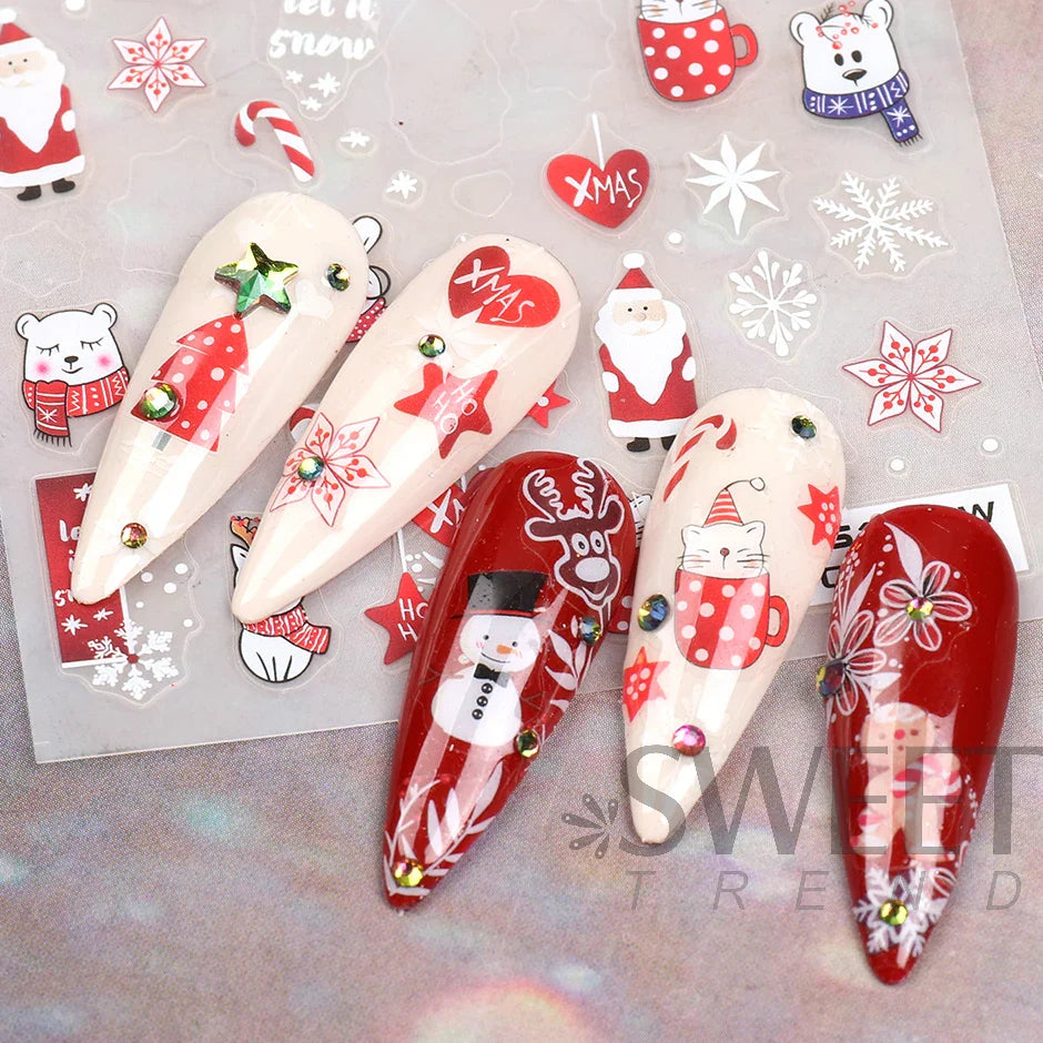 JazzHer Cute Cartoon Bear Cat Nail Manicure Design Stickers 3D Lovly Anime Adhesive Decals 2024 Winter New Year Decoration Foils LYNO-61