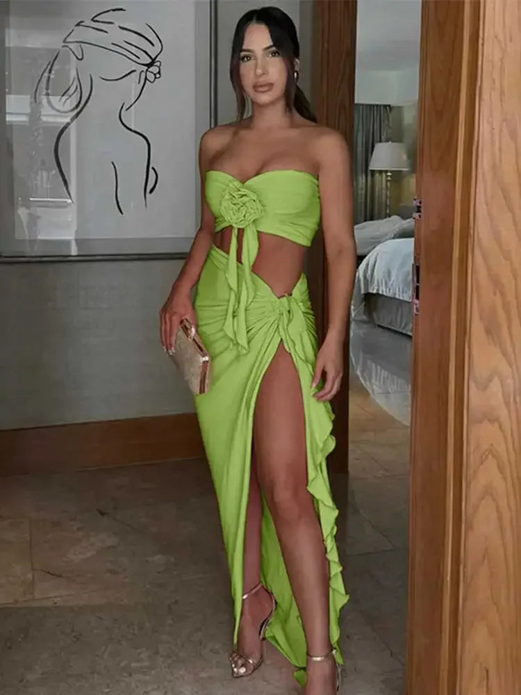 JazzHer EDOLYNSA Women Fashion 3D Flower Pleated Tank Top Lace Up Slit Skirt Suit Bodycon Nightclub Outfits Summer Partyclub Set A2976