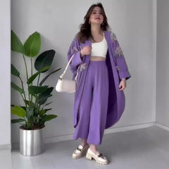 JazzHer Eid Muslim Women Two Piece Sets Musulman Ensemble Split Blouses Wide Leg Pants Suits Casual Arab Morocco Dubai 2024 Outfit