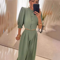 JazzHer Women Two Piece Pant Sets Solid Wide Leg Pants High Waist Half Sleeve Button Splice Tops Casual Loose Elegant Summer 2024