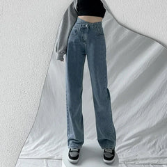 JazzHer Women Jeans Wide Leg Pants High Waist Vintage Pockets Button Basics Denim Full Length Straight Trousers Streetwear 2024 Denims