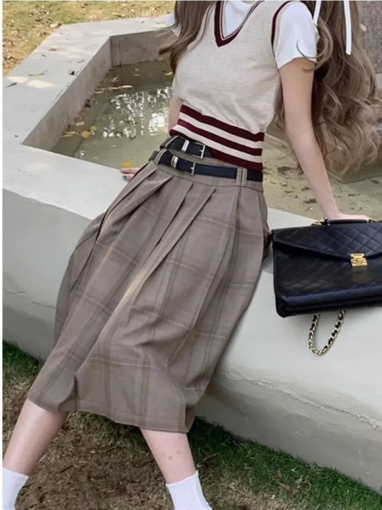 JazzHer- Vintage Long Plaid Skirt Women High Waist A-line Korean Fashion Preppy Midi Pleated Skirt Autumn Winter School Uniform