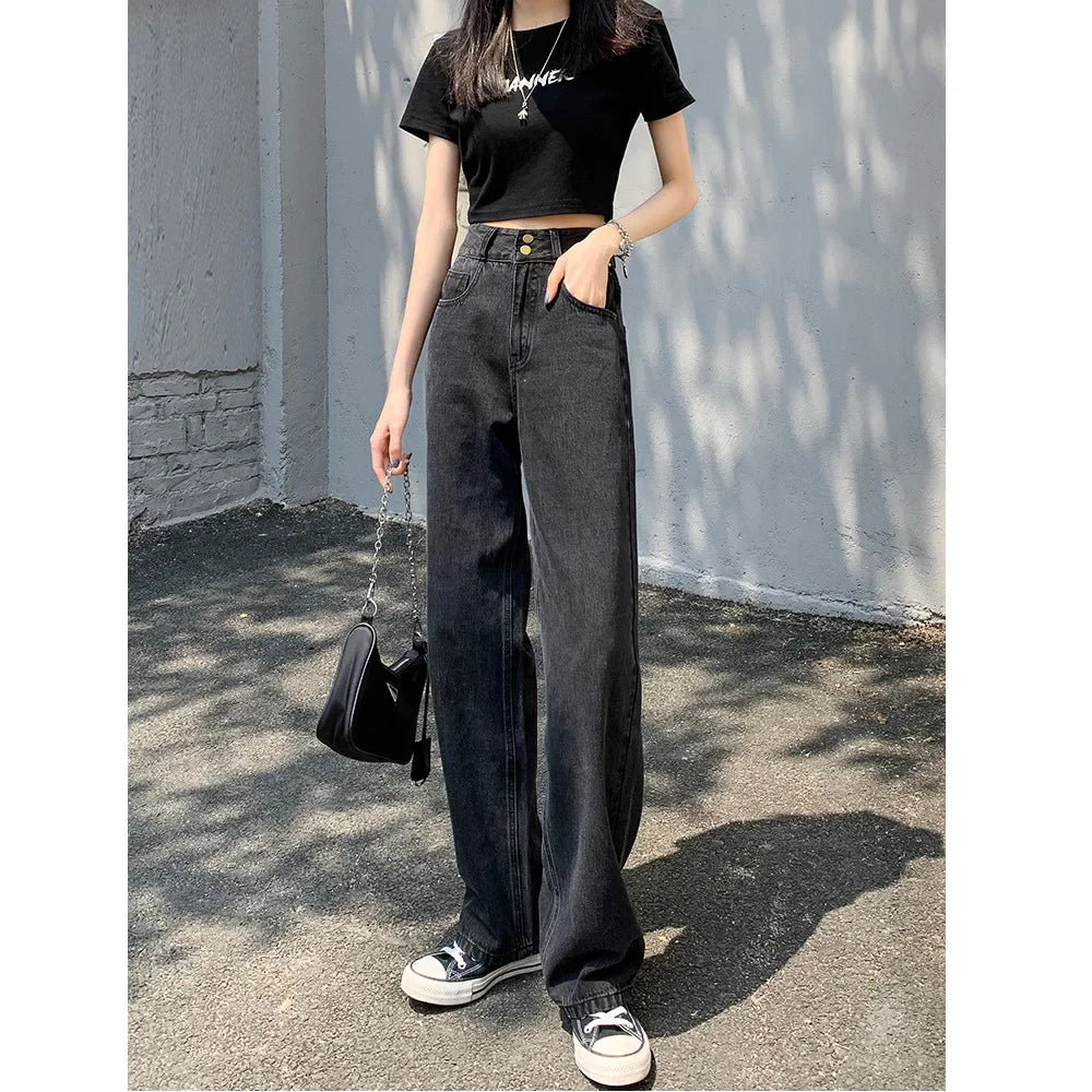 JazzHer Denim Wide Leg Pants Women High Waist Causal Vintage Denims Pockets Zipper Fly Straight Trousers Female Full Length Jeans