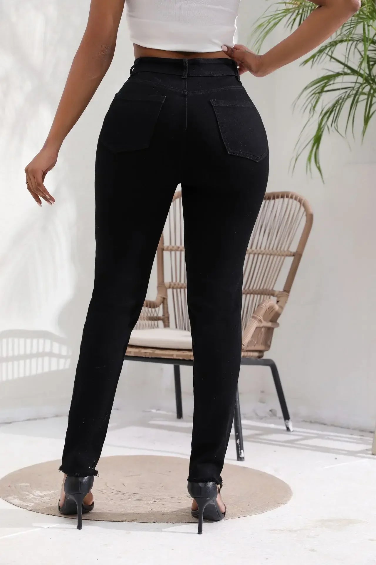 JazzHer Women Jeans High Waist Pencil Pants Holes Denim Slim Fit Pockets Sexy Streetwear Solid Sheath Distressed Ankle Length 2024