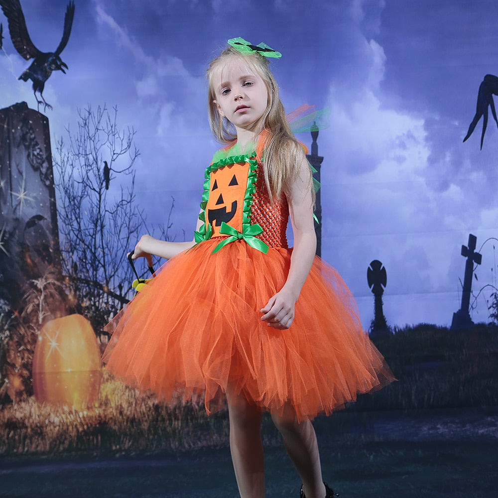 JazzHer Halloween Awakecrm Scary Pumpkin Monster Girls Halloween Dress Up Tutu Dress Kids Clothes For Carnival Party Dresses Orange Dress With Ruffles