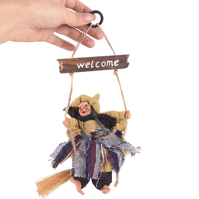 JazzHer Halloween Horror Witch Doll Hanging Ornaments Flying Witch with Broom Pendant Halloween Party Decoration for Home DIY Wreath