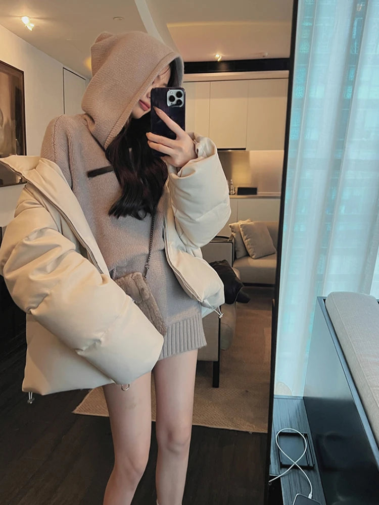 JazzHer 2024 Fall Fashion 2024 Autumn Winter Loose Hooded Clothing Woman Korean Fashion Knitted Sweater Casual Outwear Pure Color Elegant Pullover Chic