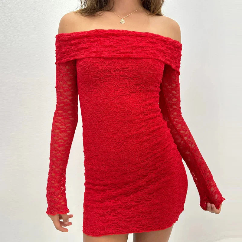 JazzHer Women Sexy Floral Lace Sheer Long Sleeve Mini Dress Fairy Coquette Red Off Shoulder Slim Fit Dress Wrap Bodycon Club Party