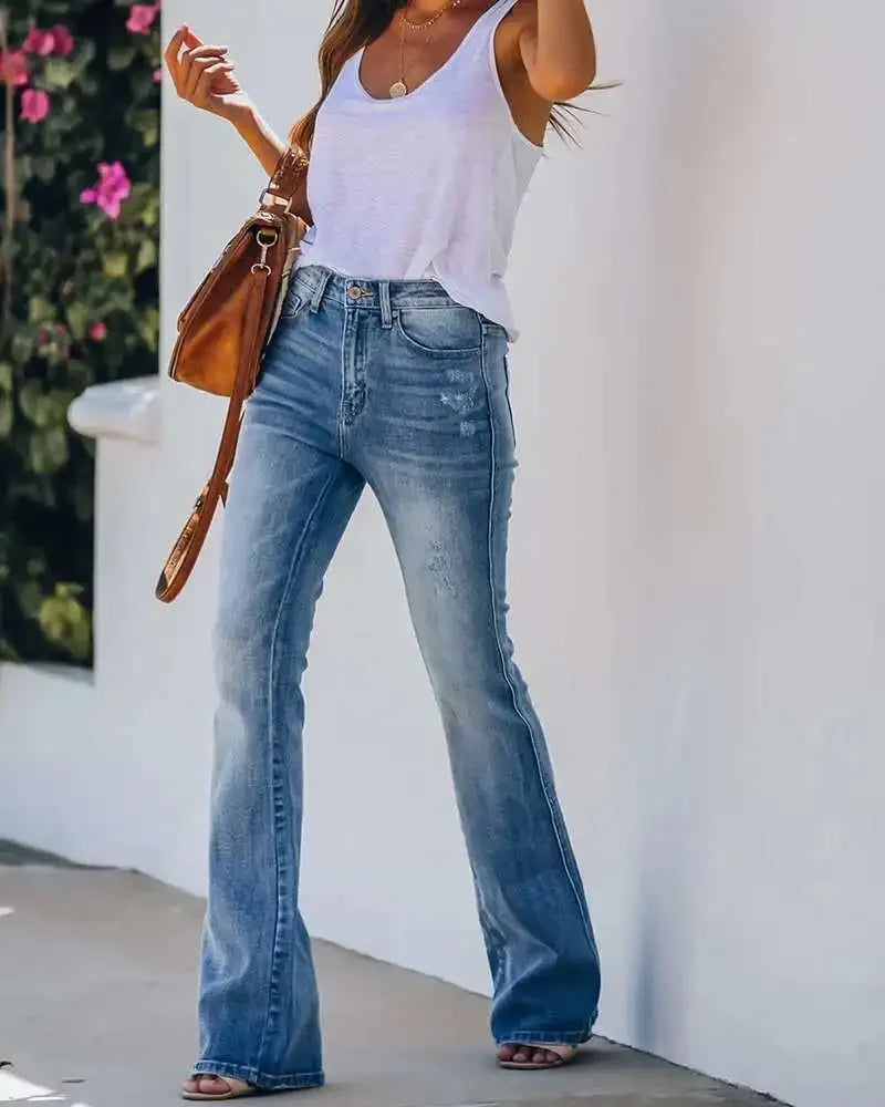 JazzHer Full Length Pants High Waist Denim Flare Pants Women Jeans Vintage Loose Fit Casual Basics Solid Wash Pockets Zipper Fly