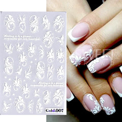 JazzHer 5D White Butterfly Nails Stickers Luxury Embossed Lace Flower Nail Art Decals Cool Girl Text Letter Sticker Manicure Decoration