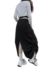 JazzHer Retro Women Long Cargo Pocket Baggy Skirts Side Drawstring Low Rise Solid Pockets Hip Hop Straight Skirts Y2k Streetwear