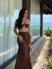JazzHer 3 Pieces Bikini Sets Female Swimwear 2025 Sexy Bandeau Swimsuit Halter Bathing Suit Cvoer ups Beach Maxi Dress Long Skirt K154