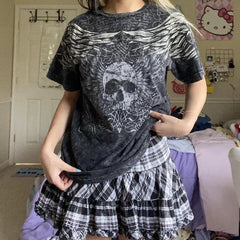 JazzHer 2000s Retro Dark Academia T Shirt Y2K Skulls Wings Graphic Print Tops Summer Short Sleeve Harajuku Tees Mall Goth Clothes