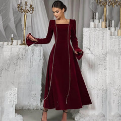 JazzHer Party Dress Women 2024 Autumn Vestidos Flare Sleeve Square Collar Lace Up Tight Waist Long Dresses Elegant Temperament A Line