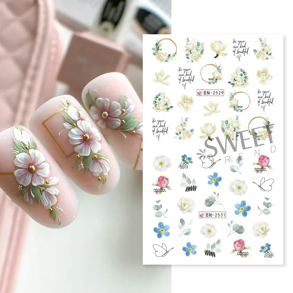 JazzHer Spring Watercolor Flowers Stickers For Nail Blooming Leaves Floral Transfer Sliders DIY Bouquet Design Manicure Foils Decal LYBN