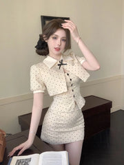 JazzHer 2024 Fall Fashion 2024 Sweet Hot Girl Dot Suit Women Summer Bow Short-sleeved Jacket Strap Vest Buttocks Wrapped Mini Skirt Three Piece Set