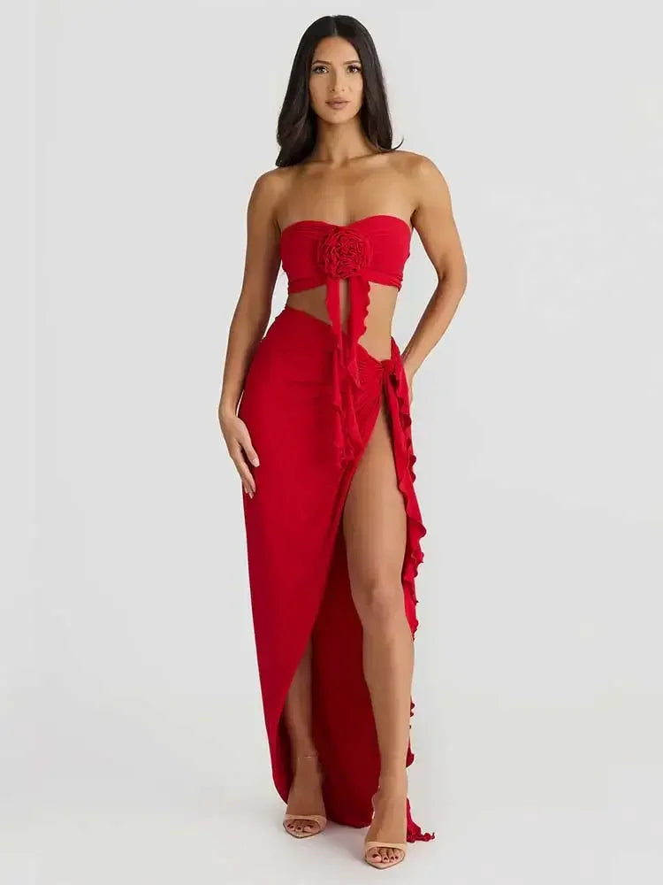 JazzHer EDOLYNSA Women Fashion 3D Flower Pleated Tank Top Lace Up Slit Skirt Suit Bodycon Nightclub Outfits Summer Partyclub Set A2976