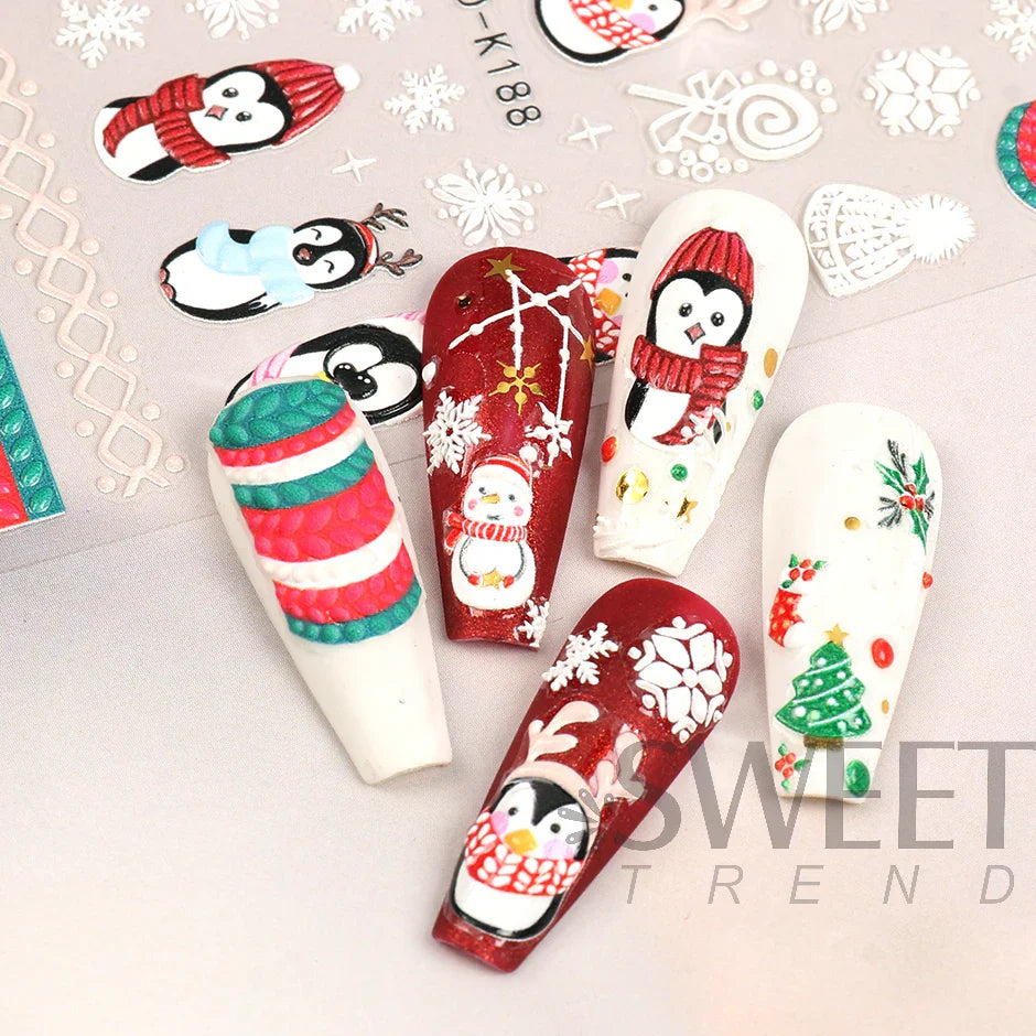 JazzHer 5D Xmas Embossed Nails Art Decals Cute Cartoon Penguin Bear Sweater Design Adhesive Stickers Winter Accessories Decor LY5D-K188