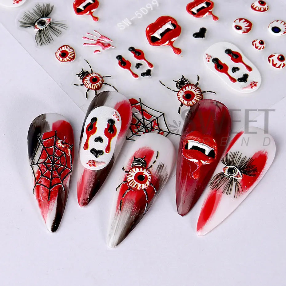 JazzHer 5D Acrylic Nail Sticker Halloween Ghost Skull Blood Drips Lip Design Decal Spider Witch Pumpkin Nail Art DIY Manicure Decoration