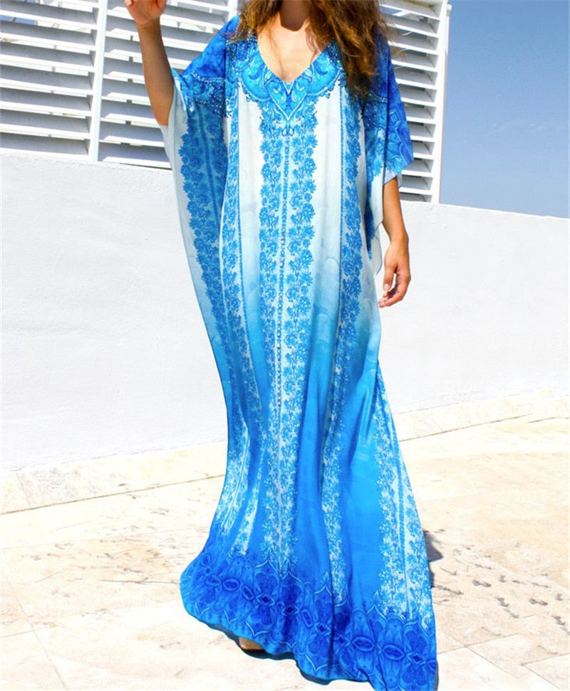 JazzHer Blue Kaftan Beach Cotton Cover Up 2024 Summer Women Beachwear Cotton Tunic Oversize Bikini Cover-Ups Robe De Plage Sarong Q774