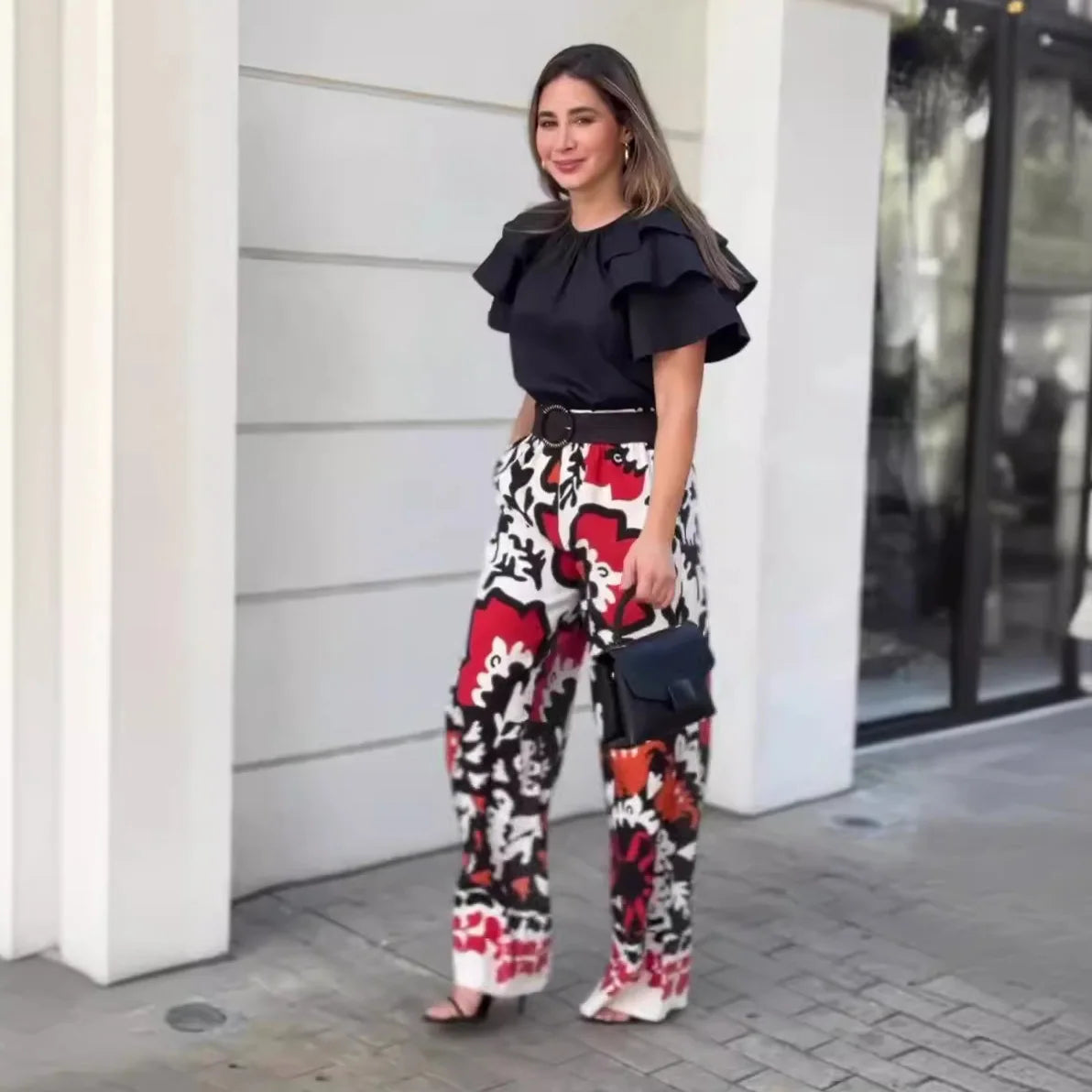 JazzHer Two Pieces Pant Sets Print Pullover Tops Wide Leg Pants Loose Casual Women Matching Sets Ruffles 2024 Pockets Ankle Length