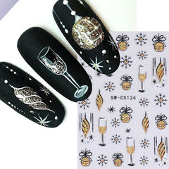 JazzHer New Year Nail Stickers 2024 Countdown Clock Design Champagne Baubles Shiny Glitter Sliders Nails Star Bow Bell Decals Manicure