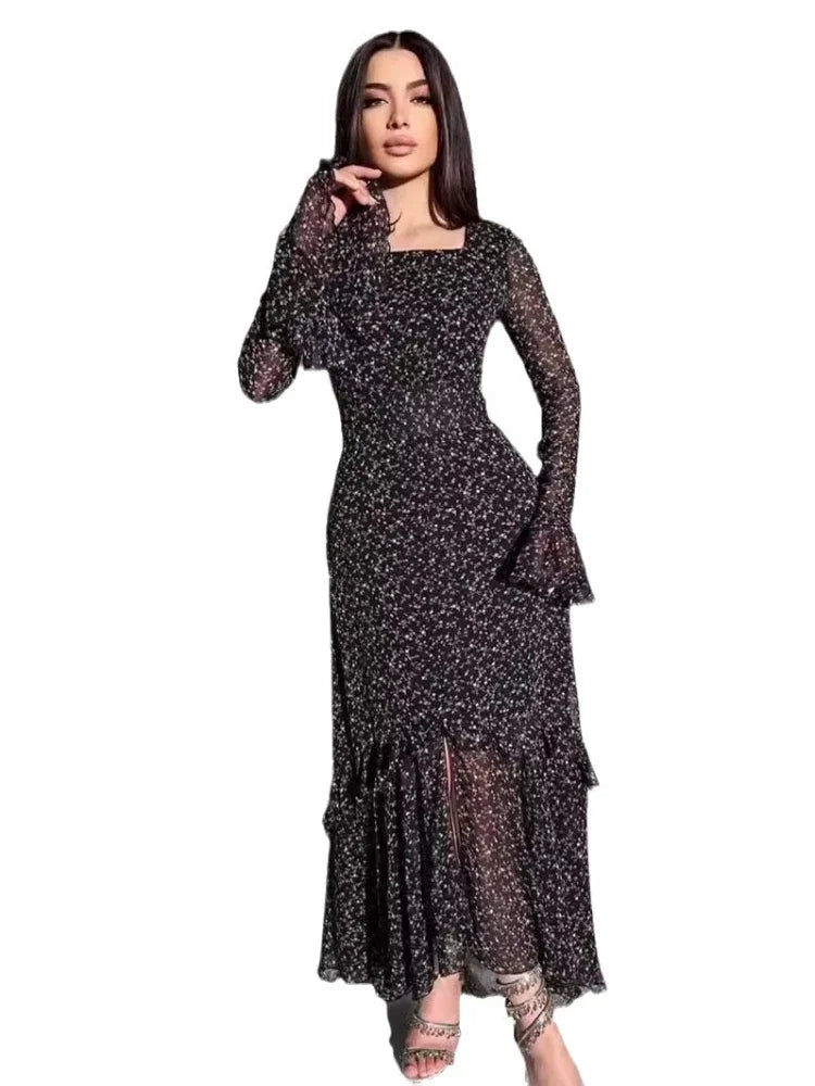 JazzHer Eid Chiffon Party Dress Women Muslim Floral Print Jalabiya Ramadan Morocco Dresses Dubai Abaya Kaftan Vestidos Arab Long Robe