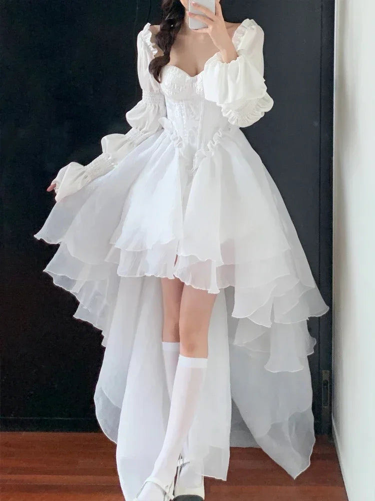 JazzHer Pure Color Fairy Midi Dress Women White Elegant Evening Party Dress Beach 2024 Spring Casual Long Sleeve Fashion Dress Korean