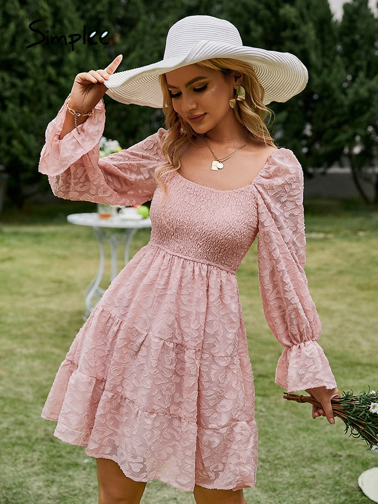 JazzHer Holiday A-Line Ruffle Smock Women's Summer Dress Mini  Poet Long Sleeve Soft Beach Sundress  Causal Short Mujer Vestidos