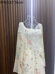 JazzHer Chiffon Floral Midi Dress Office Lady 2024 Summer Elegant One Piece Dress Korean Fashion Beach Style Causal Long Sleeve Sundress