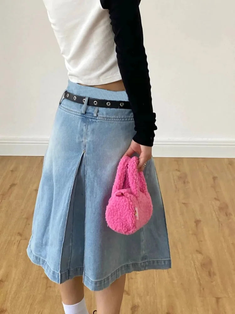 JazzHer- Y2k Streetwear Denim Pleated Skirt Women Vintage Low Waist A-line Distressed Knee-lenght Jeans Skirt Japanese Fashion