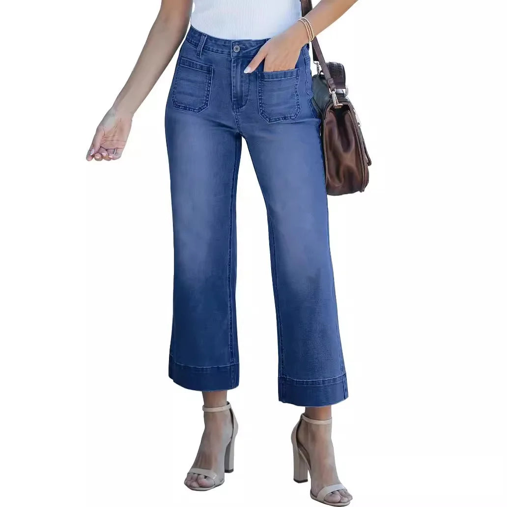 JazzHer Women Jeans Straight Trousers Denim Mid Waist Loose Fit Pockets Basics Ankle Length Pants Solid Color Denims 2024 Casual