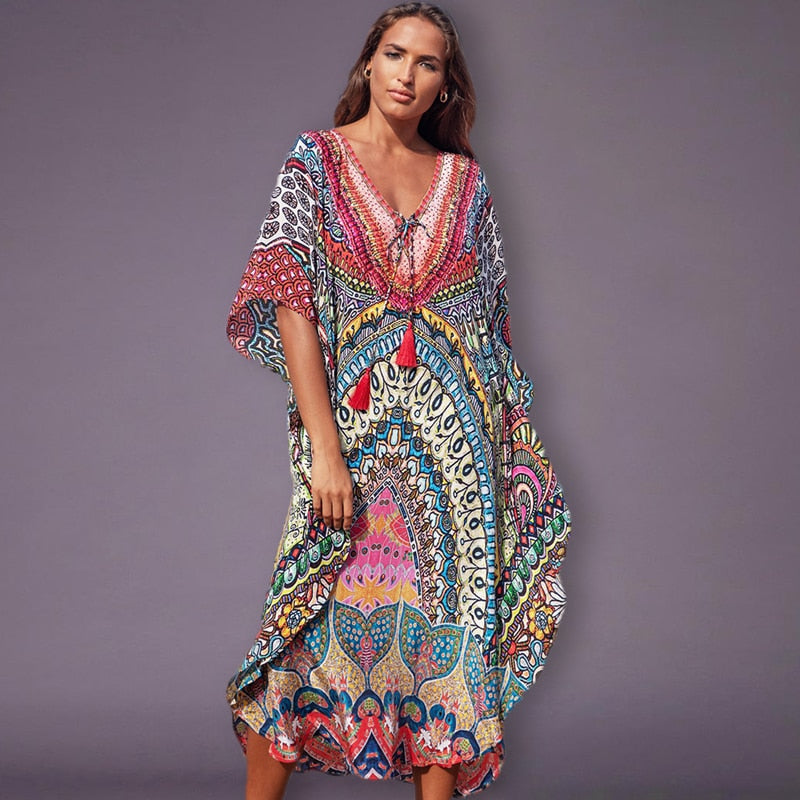 JazzHer 2024 Bohemian Printed Summer Holiday Dress Blue Tunic Women Beach Wear Kaftan V-Neck Bats Sleeve Maxi Dress Robe Q956