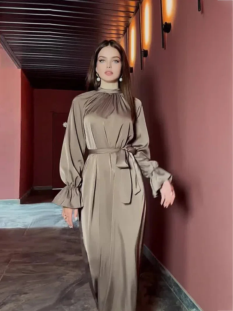 JazzHer Eid Ramadan women Dress woman Satin Lace-up Flare Sleeve Maxi Jalabiya Vestidos Largos Dubai Party Evening Dresses Summer 2024