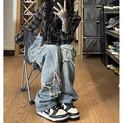 JazzHer 2023 American Retro Brown Five-Pointed Star Patch Jeans Women New Trend Hip-Hop Casual Joker Loose Wide-Leg Straight Mop Pants