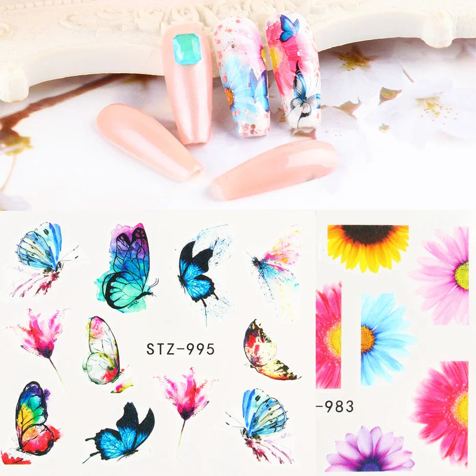 JazzHer 3D Butterfly Design Nail Watercolor Decals Adhesive Transfer Slider Spring Summer Manicure Stickers Decor 4Pcs/Set LYSTZ984-1017