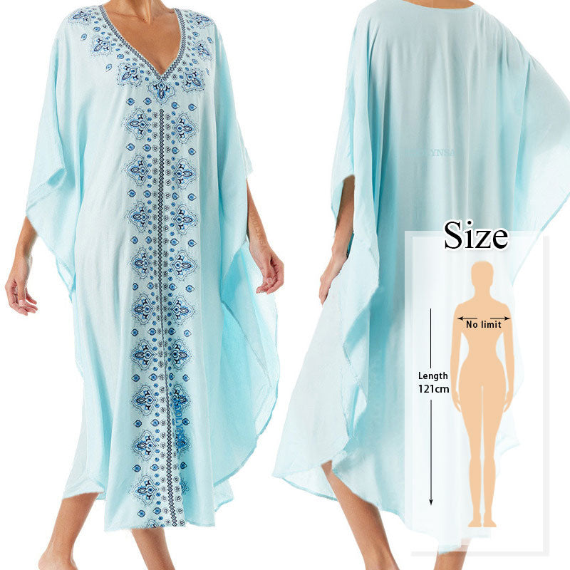 JazzHer Blue Kaftan Beach Cotton Cover Up 2024 Summer Women Beachwear Cotton Tunic Oversize Bikini Cover-Ups Robe De Plage Sarong Q774