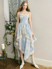 JazzHer 2024 Summer French Elegant Print Midi Dress Woman Holiday Sleeveless Evening Party Dress Korean Fashion Irregular Lace Dress