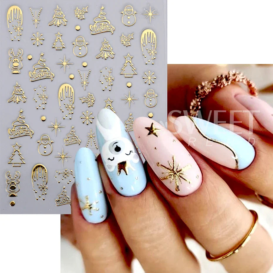 JazzHer 3D Gold Silver Christmas Nail Sticker Winter New Year Snowman Snowflake Decal Holographic Santa Tree Slider For Manicure Decor