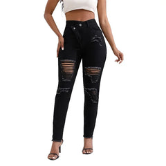 JazzHer Women Jeans High Waist Pencil Pants Holes Denim Slim Fit Pockets Sexy Streetwear Solid Sheath Distressed Ankle Length 2024