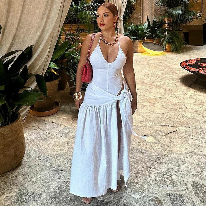 JazzHer White Halter Sexy Two Piece Set Backless Ruffle Evening Party Bodysuit Long Skirt Women Set Elegant 2 Piece Set Women