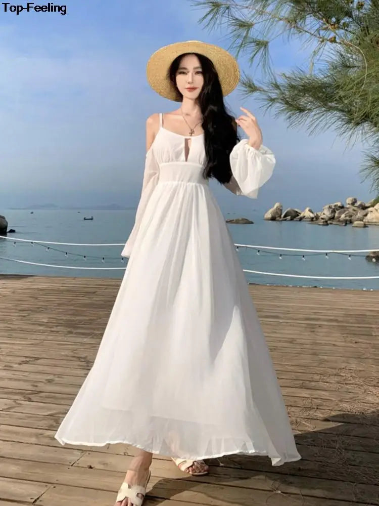 JazzHer Summer White Holiday Beach Long Dress Women Off Shoulder Backless Runway Vestidos Korean Chic A-line Sundress Clothes