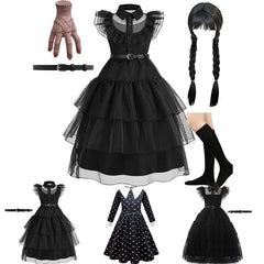 JazzHer Girls Wednesday Dress Children Addams Halloween Black Family Clothes Kids Dancing Cosplay Costume Princess Christmas Fantasy