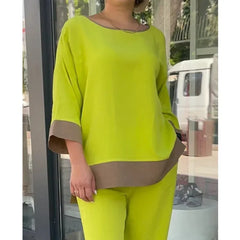 JazzHer Two Set Women Top Pants Sets Solid Color Women Suit Wide Leg Round Neck Straight Elastic Waist Lady T Shirt Trousers Elegant